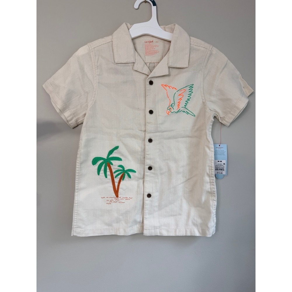 Cat & Jack Button Down Shirt Boys Size M 8 Cream Tropical Parrot Palm Tree NWT